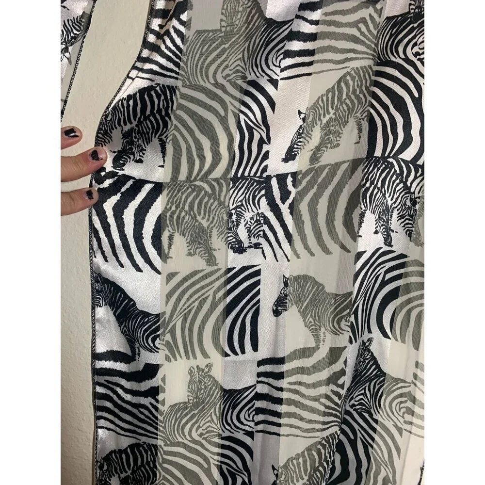 Vintage Zebra Squares Printed Stripe Oblong Satin Scarf African Animal Black Y2K
